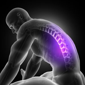 3D male figure leaning over with spine highlighted